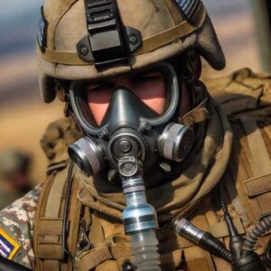 Soldier with an oxygen breathing apparatus.