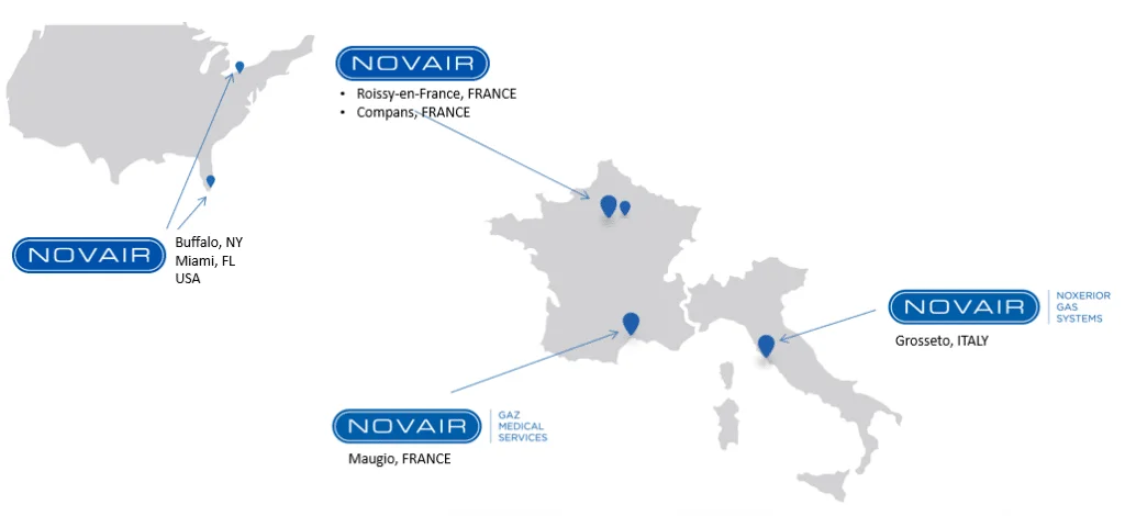 map of NOVAIR on site gas production system locations