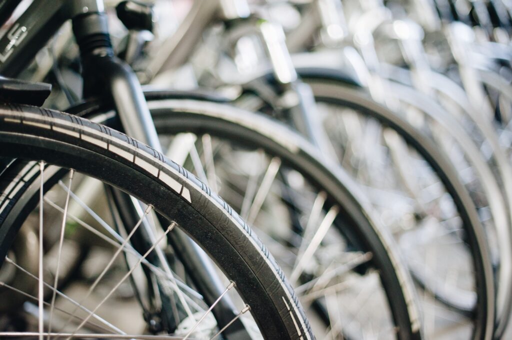 bike wheels lined up